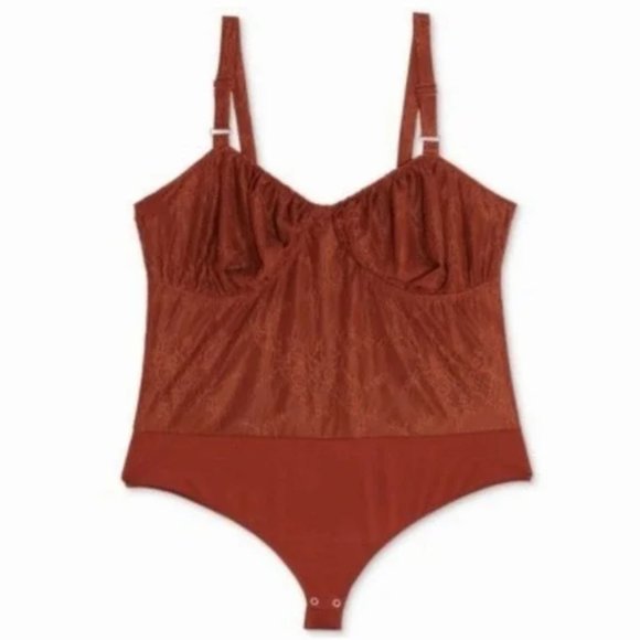 NWT Danielle Bernstein Lace Illusion Thong Bodysuit Warm Brown Mesh - Picture 2 of 5